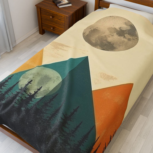 Vintage Retro Abstract Landscape Blanket — Velveteen Plush Blanket  — Cozy Fleece Throw