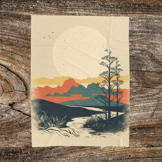 Vintage Mountain Sun Velveteen Plush Blanket – Retro Abstract Cozy Throw