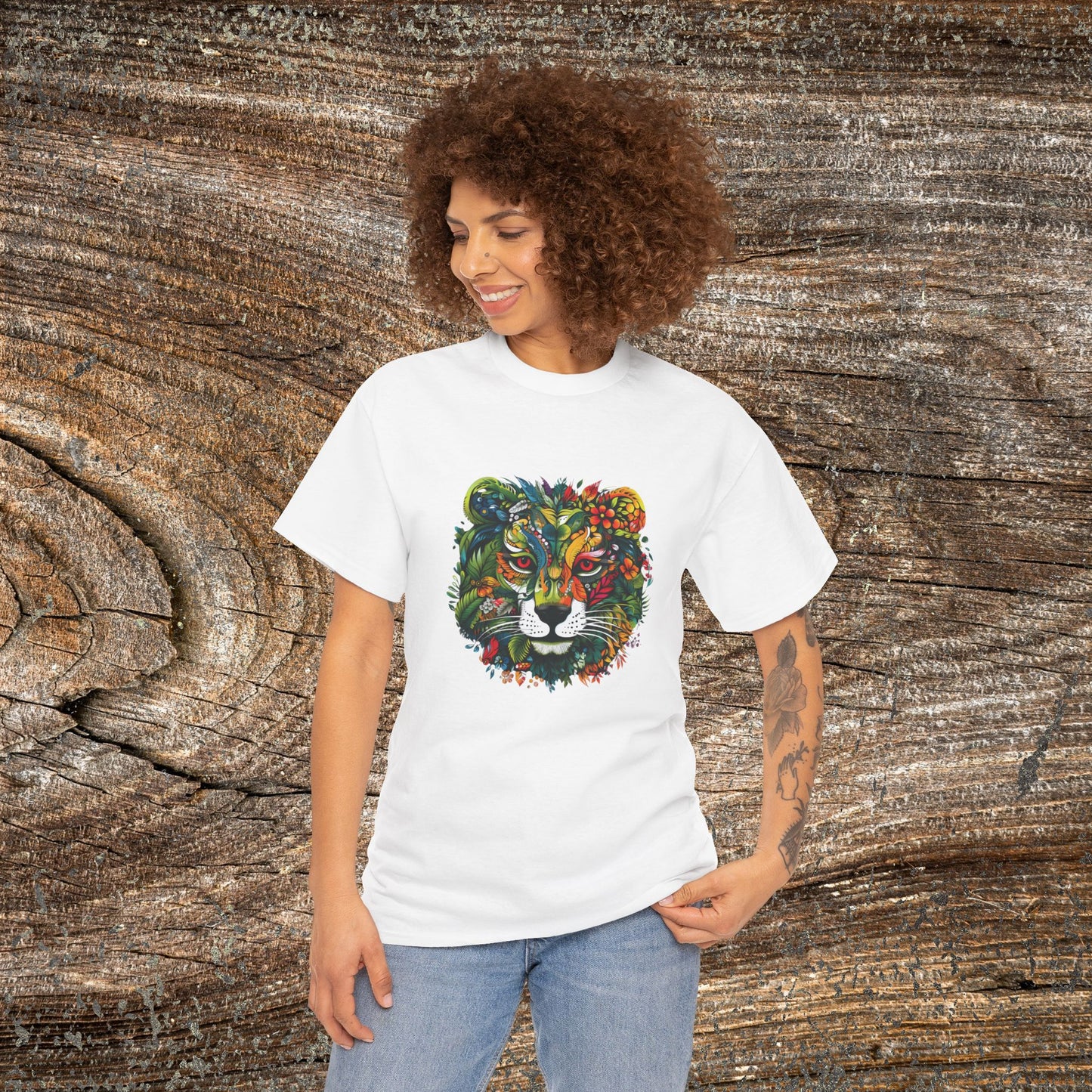 Lion Head Floral Tee — Colourful Botanical Safari Graphic T-Shirt