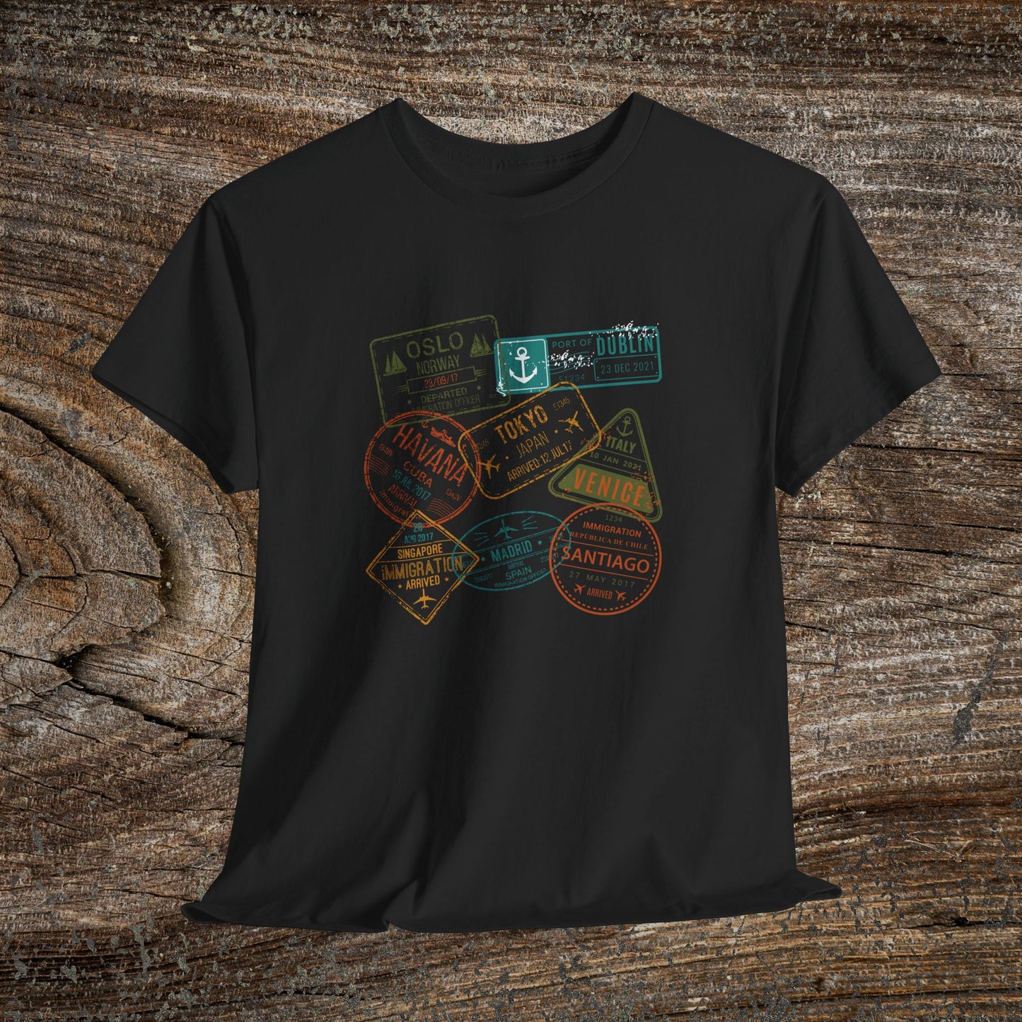 Retro Passport Stamp Traveler T-Shirt — Grunge Travel Gift for Him & Her