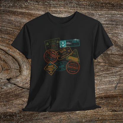 Retro Passport Stamp Traveler T-Shirt — Grunge Travel Gift for Him & Her